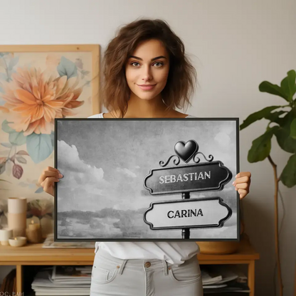 Liebes Poster mit Namen Wegweiser Wolkig Schwarz Weiß Für Paare