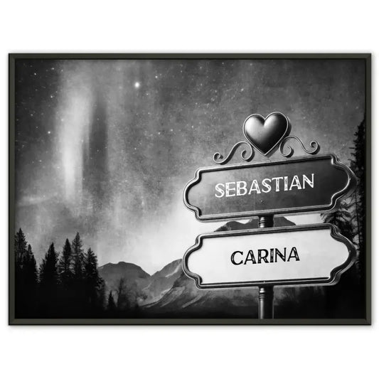 Personalisiertes Poster Liebe Wegweiser Weiß Schwarz Nordlichter mit Namen