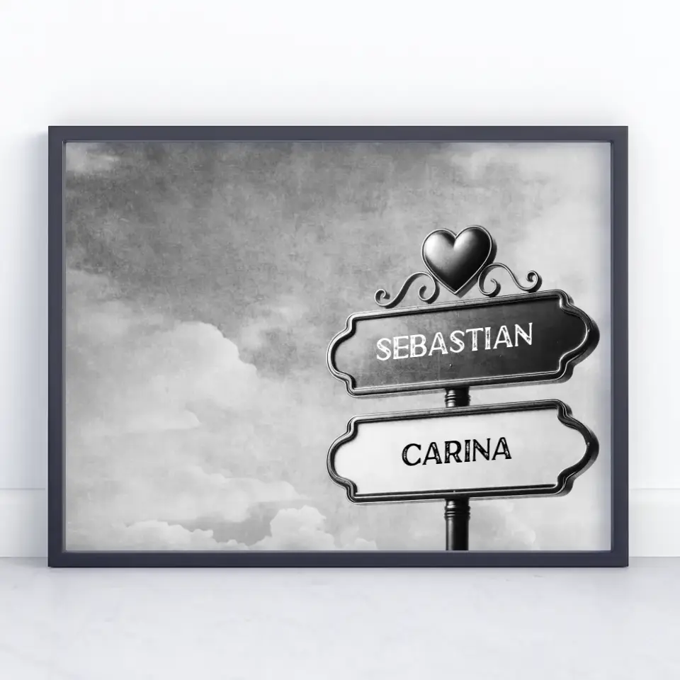 Liebes Poster mit Namen Wegweiser Schwarz Weiß Himmel Für Paare
