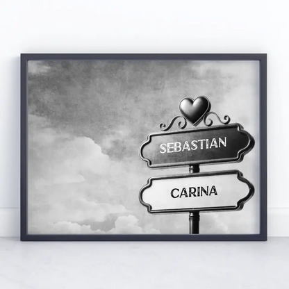 Liebes Poster mit Namen Wegweiser Schwarz Weiß Himmel Für Paare