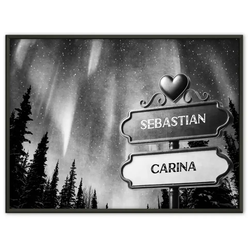 Personalisiertes Poster Paare Wegweiser Schwarz Weiß Himmel Nordlichter
