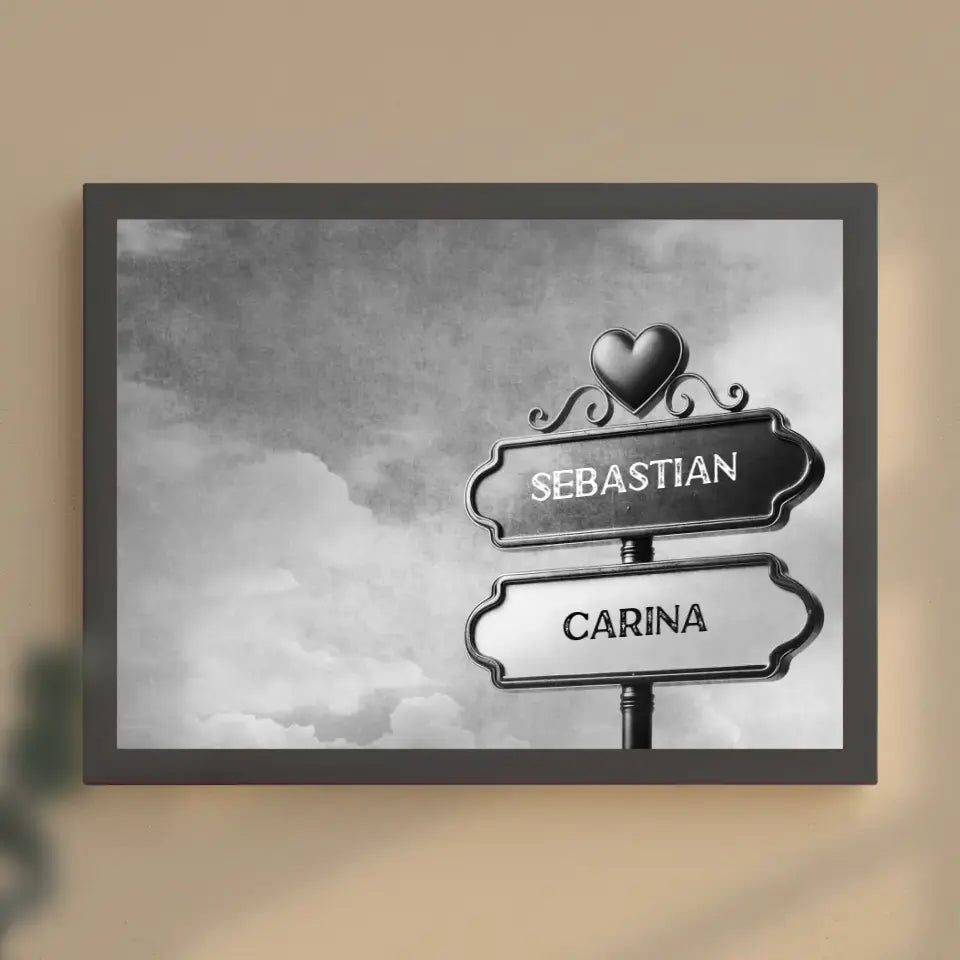 Liebes Poster mit Namen Wegweiser Schwarz Weiß Himmel Für Paare