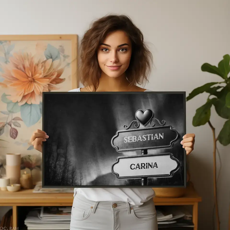 Poster personalisiert Wegweiser Schwarz Weiß Polarlichter mit Namen