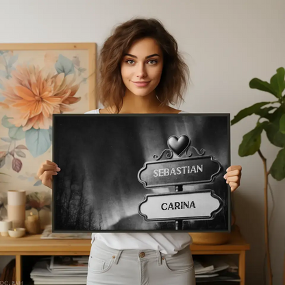 Poster personalisiert Wegweiser Schwarz Weiß Polarlichter mit Namen