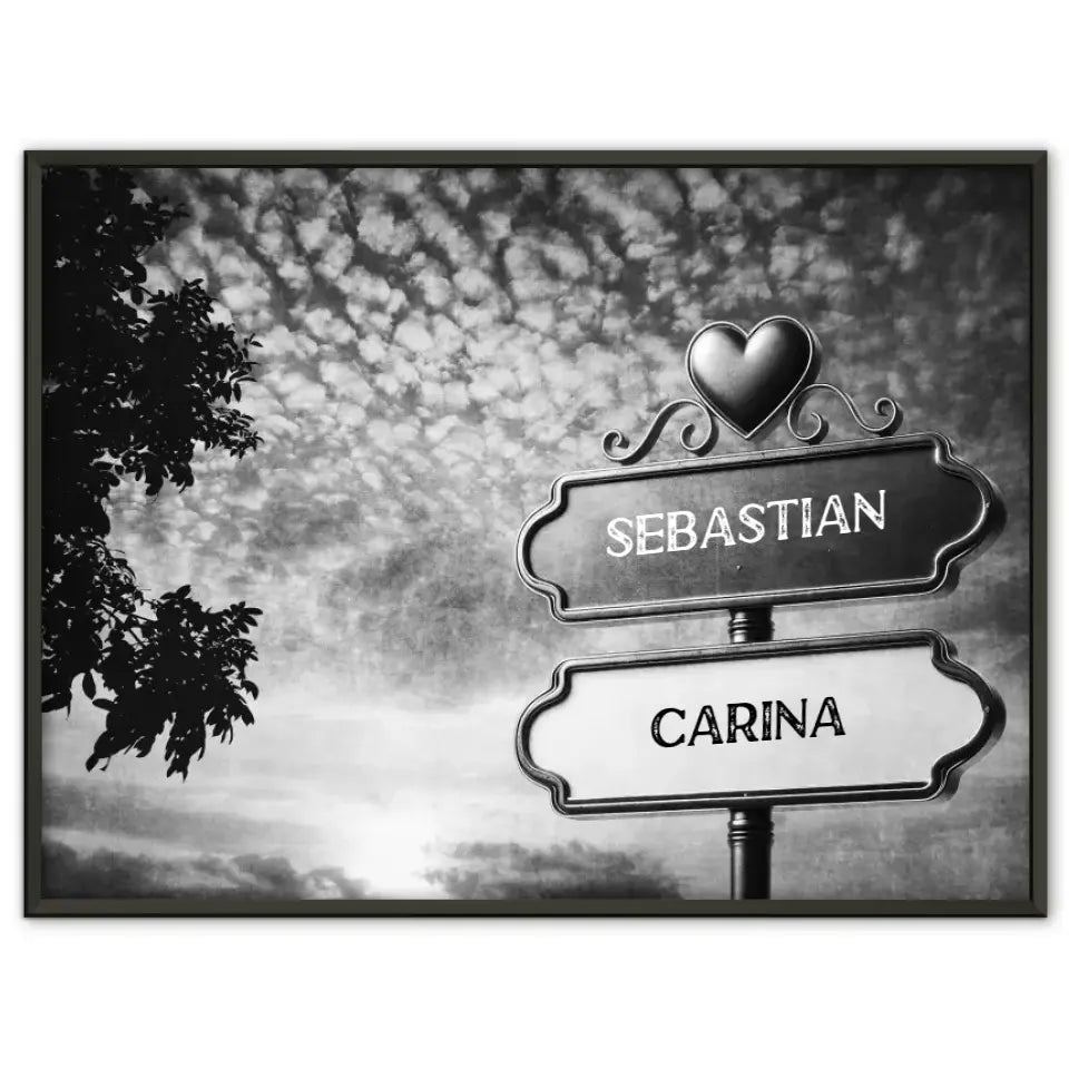 Personalisiertes Poster Wegweiser Schwarz Weiß bewölkter Strand mit Namen