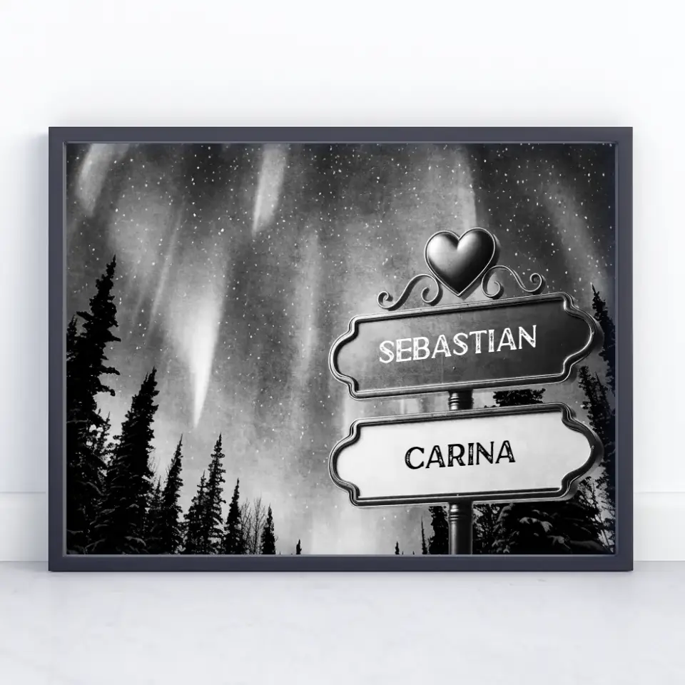 Personalisiertes Poster Paare Wegweiser Schwarz Weiß Himmel Nordlichter