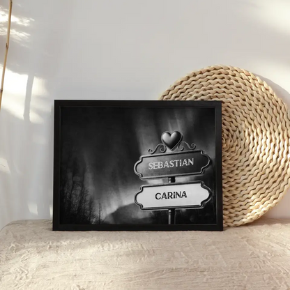 Poster personalisiert Wegweiser Schwarz Weiß Polarlichter mit Namen