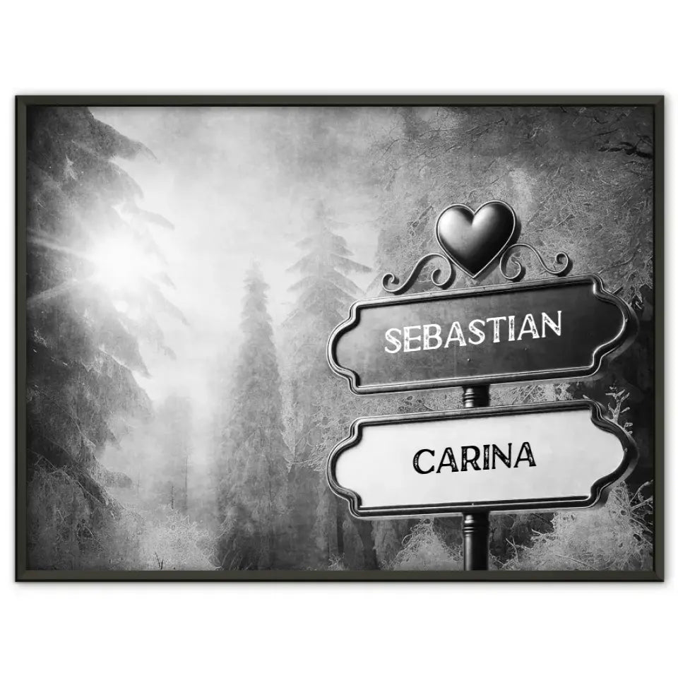 Liebes Poster Wegweiser Schwarz Weiß Winterwald mit Namen