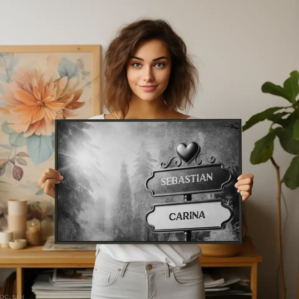 Liebes Poster Wegweiser Schwarz Weiß Winterwald mit Namen