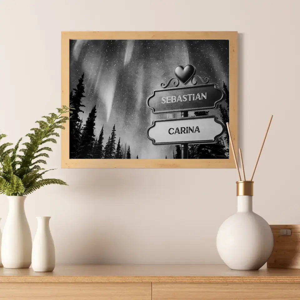 Personalisiertes Poster Paare Wegweiser Schwarz Weiß Himmel Nordlichter