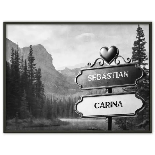 Personalisiertes Poster Liebe Wegweiser Schwarz Weiß Fluss am Berg mit Namen