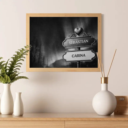 Poster personalisiert Wegweiser Schwarz Weiß Polarlichter mit Namen