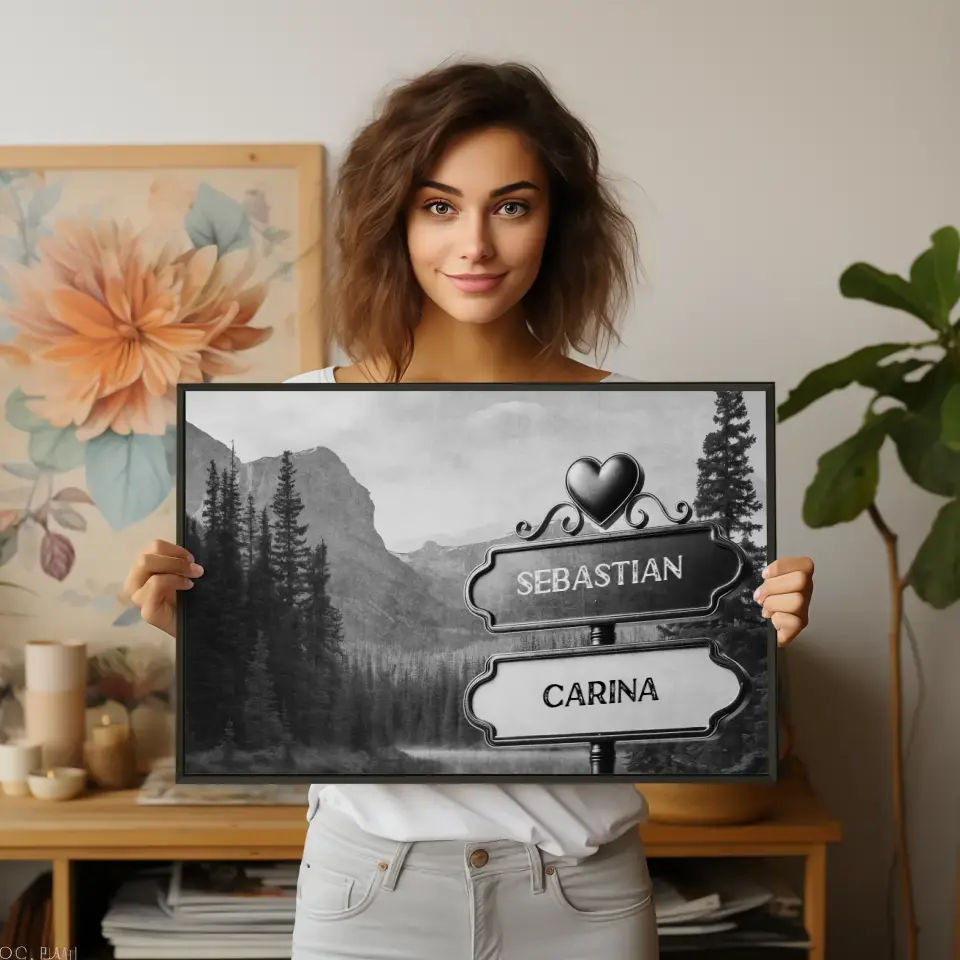 Personalisiertes Poster Liebe Wegweiser Schwarz Weiß Fluss am Berg mit Namen