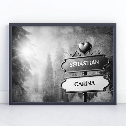 Liebes Poster Wegweiser Schwarz Weiß Winterwald mit Namen