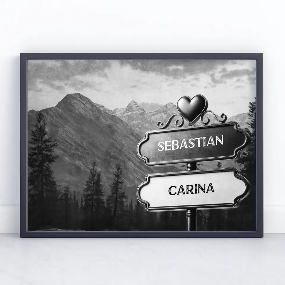 Personalisiertes Poster Paare Wegweiser Schwarz Weiß Gebirge mit Namen