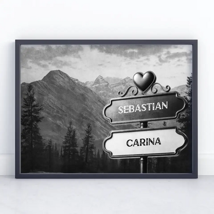Personalisiertes Poster Paare Wegweiser Schwarz Weiß Gebirge mit Namen