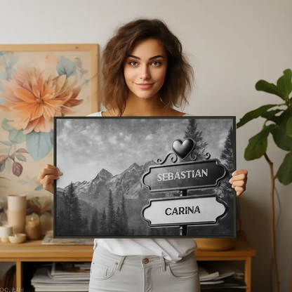 Poster personalisiert Wegweiser Schwarz Weiß Wald Berge mit Namen