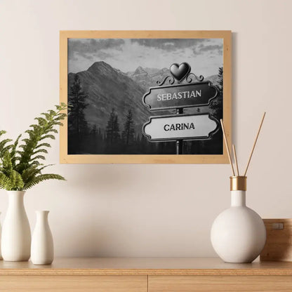 Personalisiertes Poster Paare Wegweiser Schwarz Weiß Gebirge mit Namen