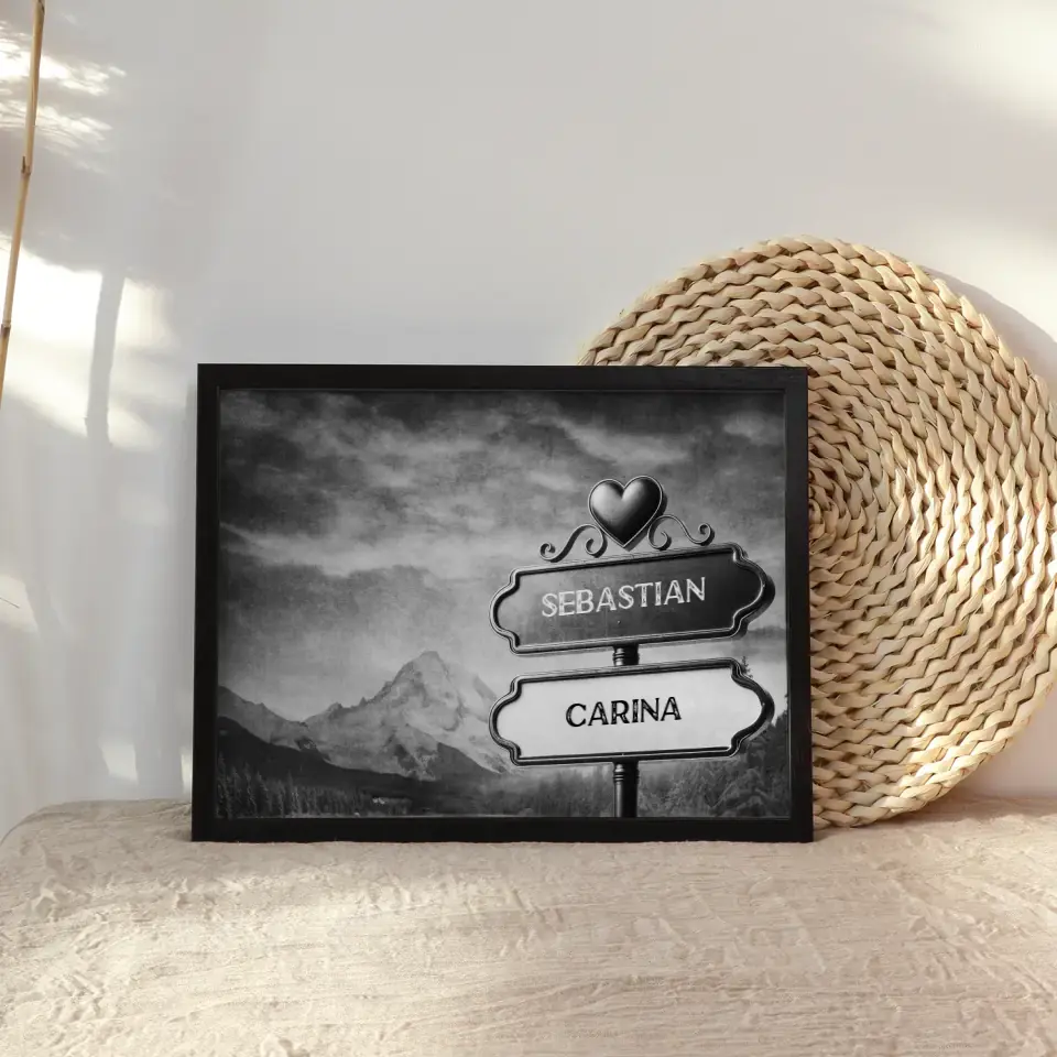 Personalisiertes Poster Wegweiser Schwarz Weiß Bergtal mit Namen