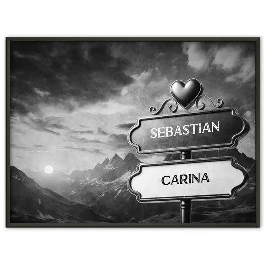 Personalisiertes Poster Liebe Wegweiser Schwarz Weiß Sonnenuntergang Gebirge mit Namen
