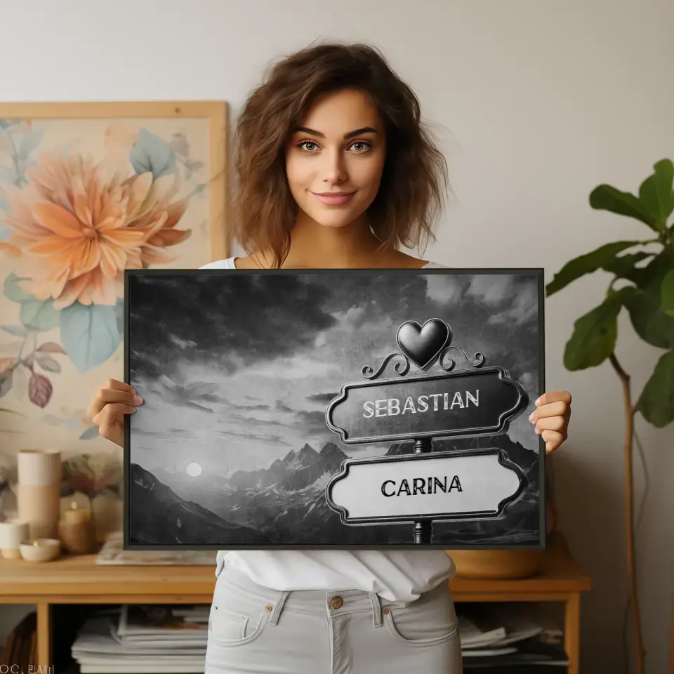 Personalisiertes Poster Liebe Wegweiser Schwarz Weiß Sonnenuntergang Gebirge mit Namen