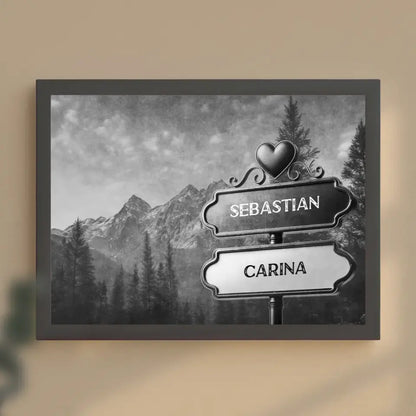 Poster personalisiert Wegweiser Schwarz Weiß Wald Berge mit Namen