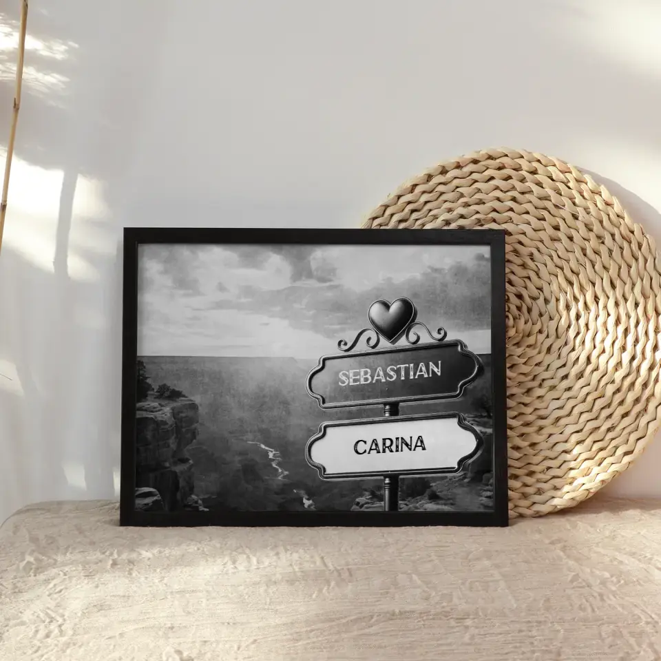 Poster personalisiert Wegweiser Schwarz Weiß Wüstenfluss mit Namen