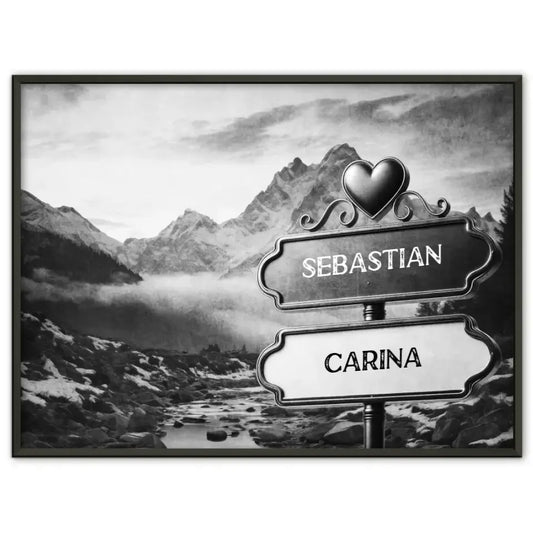 Personalisiertes Poster Liebe Wegweiser Schwarz Weiß Fluss mit Namen