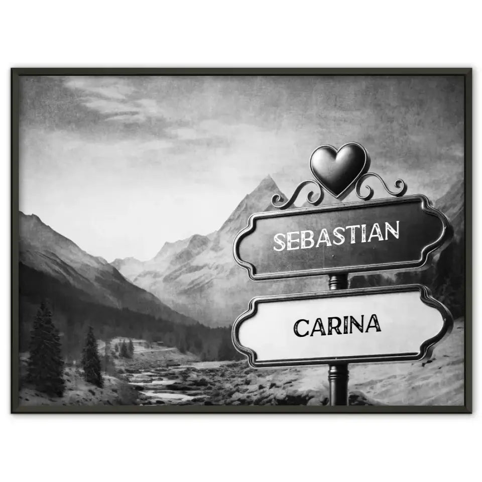 Personalisiertes Poster Paare Wegweiser Schwarz Weiß Gletschertal mit Namen