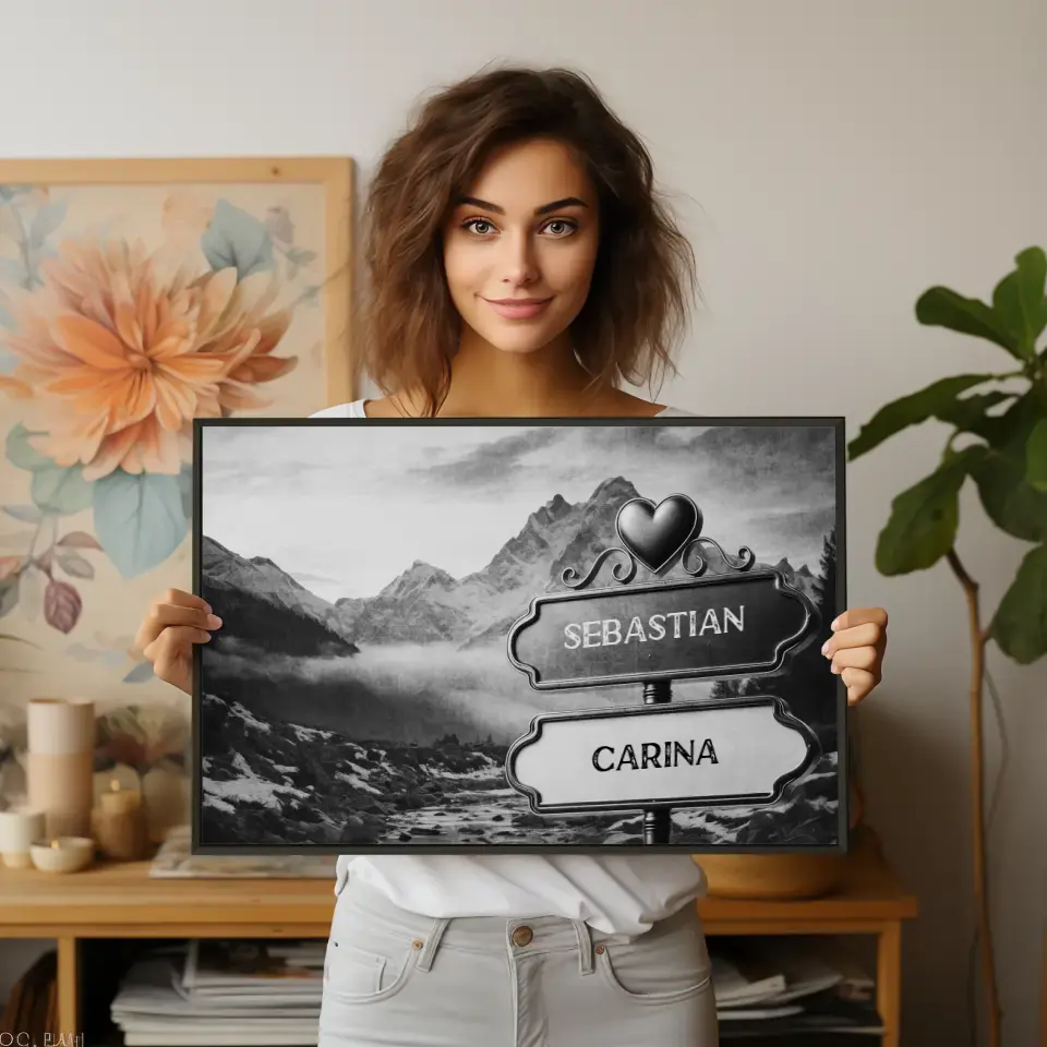 Personalisiertes Poster Liebe Wegweiser Schwarz Weiß Fluss mit Namen