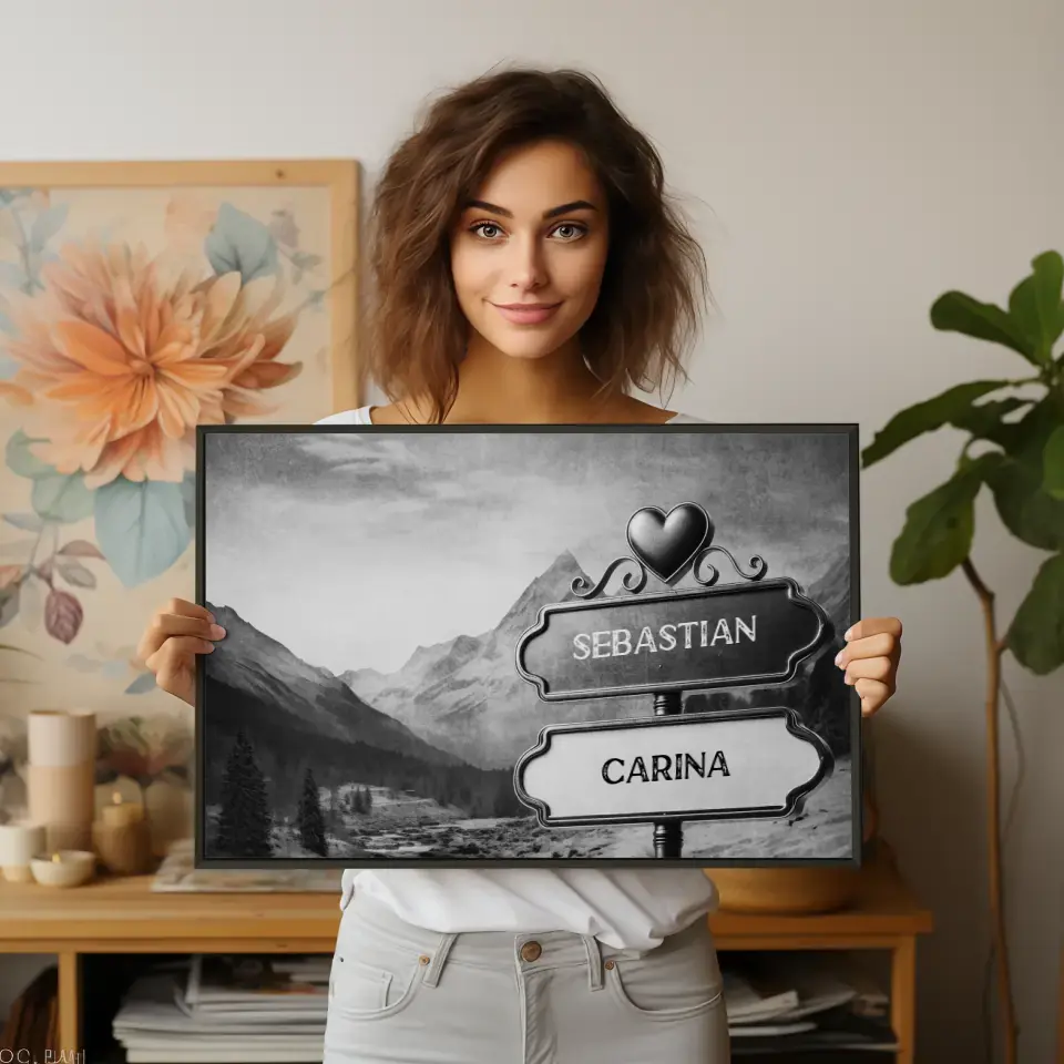 Personalisiertes Poster Paare Wegweiser Schwarz Weiß Gletschertal mit Namen