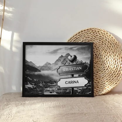 Personalisiertes Poster Liebe Wegweiser Schwarz Weiß Fluss mit Namen