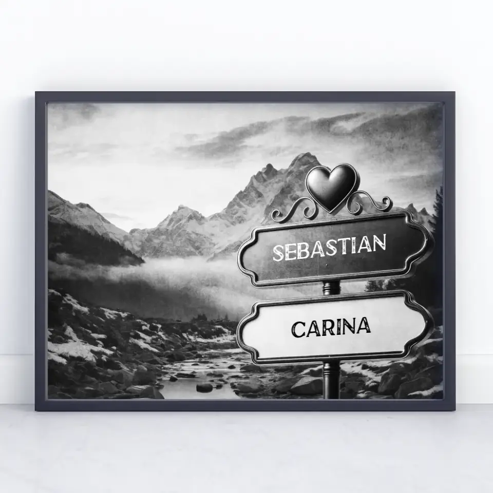 Personalisiertes Poster Liebe Wegweiser Schwarz Weiß Fluss mit Namen