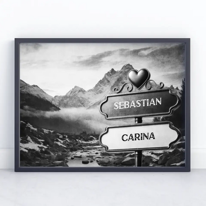 Personalisiertes Poster Liebe Wegweiser Schwarz Weiß Fluss mit Namen