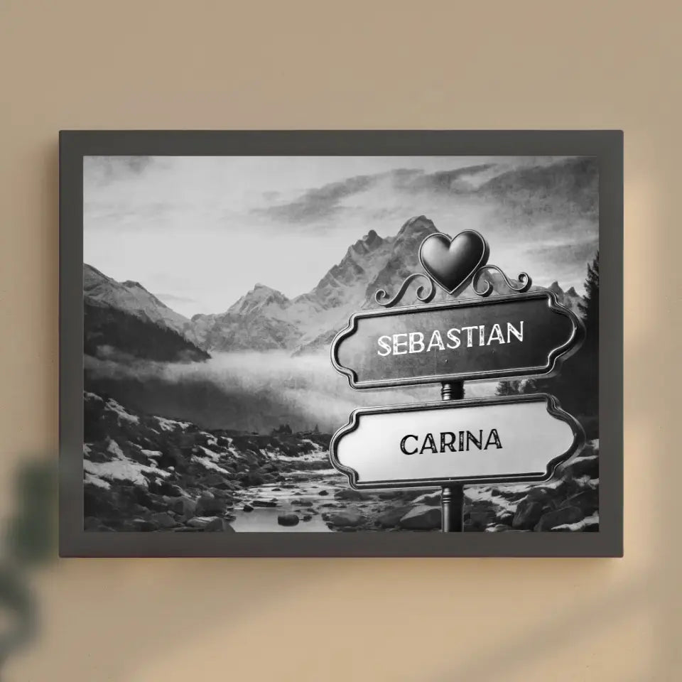Personalisiertes Poster Liebe Wegweiser Schwarz Weiß Fluss mit Namen