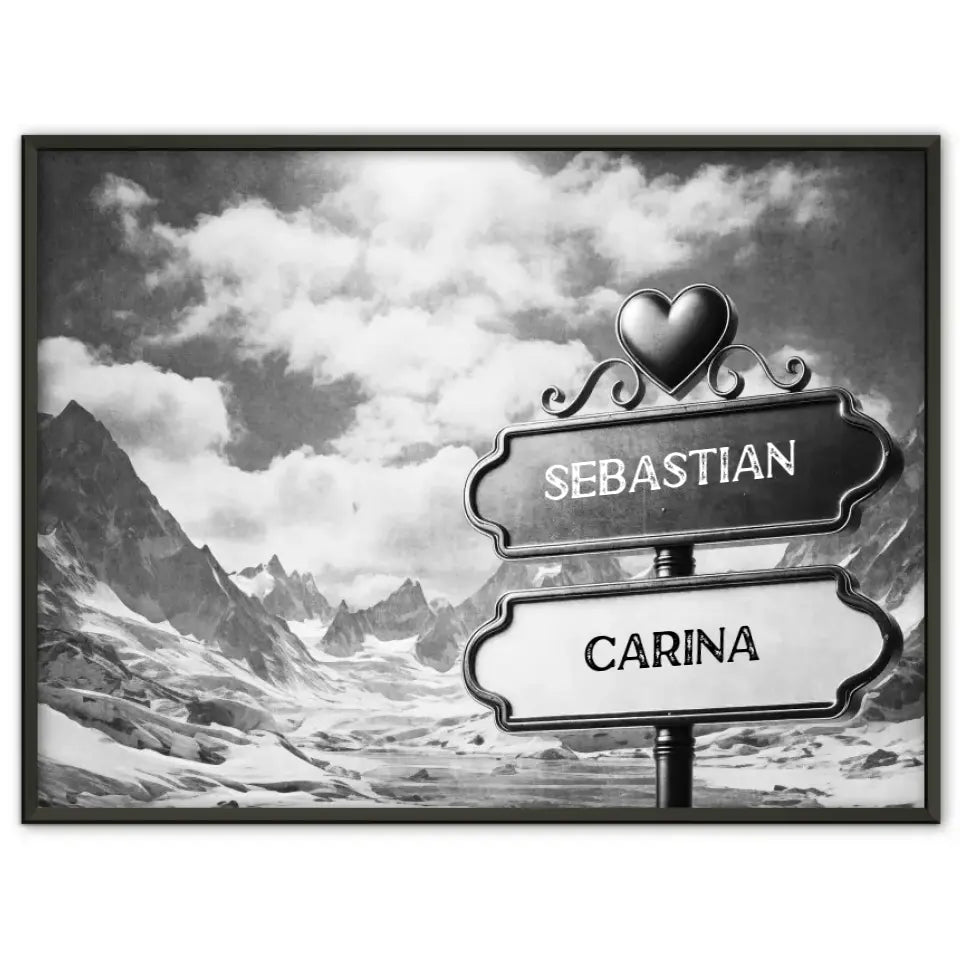 Liebes Poster Wegweiser Schwarz Weiß Winterlandschaft mit Namen