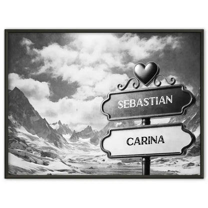 Liebes Poster Wegweiser Schwarz Weiß Winterlandschaft mit Namen