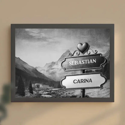 Personalisiertes Poster Paare Wegweiser Schwarz Weiß Gletschertal mit Namen