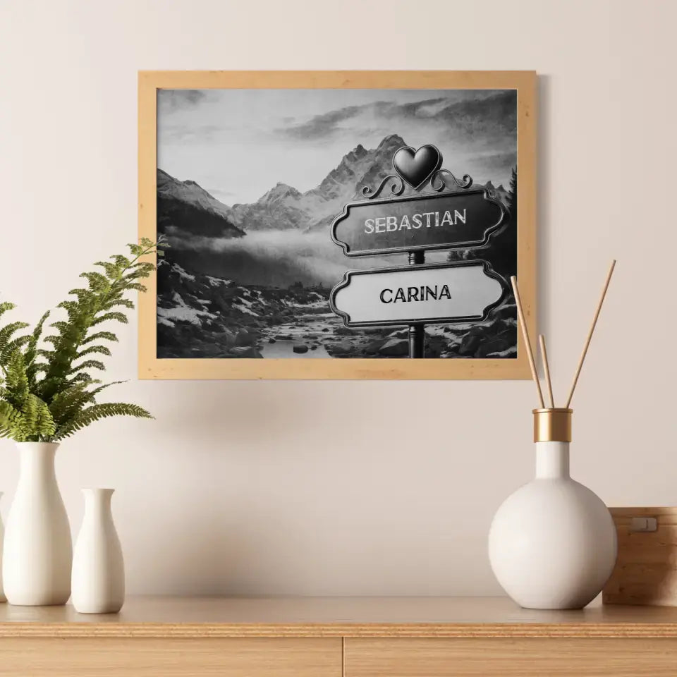 Personalisiertes Poster Liebe Wegweiser Schwarz Weiß Fluss mit Namen
