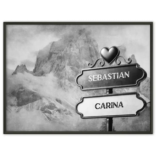 Personalisiertes Poster Liebe Wegweiser Schwarz Weiß Dolomiten mit Namen