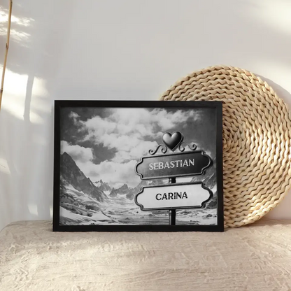 Liebes Poster Wegweiser Schwarz Weiß Winterlandschaft mit Namen
