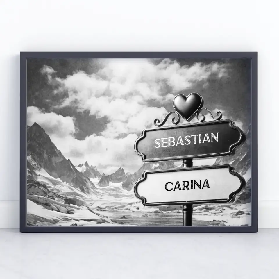 Liebes Poster Wegweiser Schwarz Weiß Winterlandschaft mit Namen