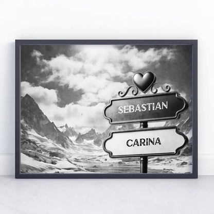Liebes Poster Wegweiser Schwarz Weiß Winterlandschaft mit Namen