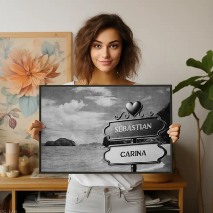 Personalisiertes Poster Paare Wegweiser Schwarz Weiß schöner Strand mit Namen