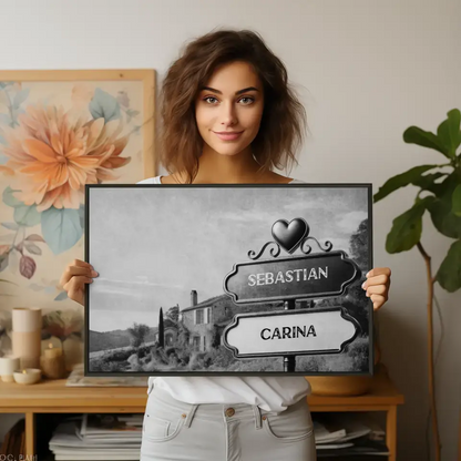 Poster personalisiert Wegweiser Schwarz Weiß Provence mit Namen