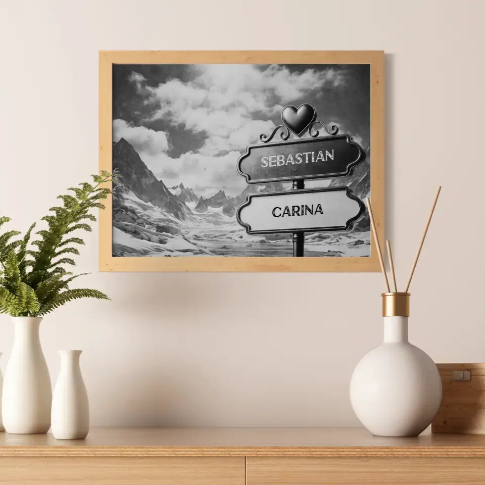 Liebes Poster Wegweiser Schwarz Weiß Winterlandschaft mit Namen