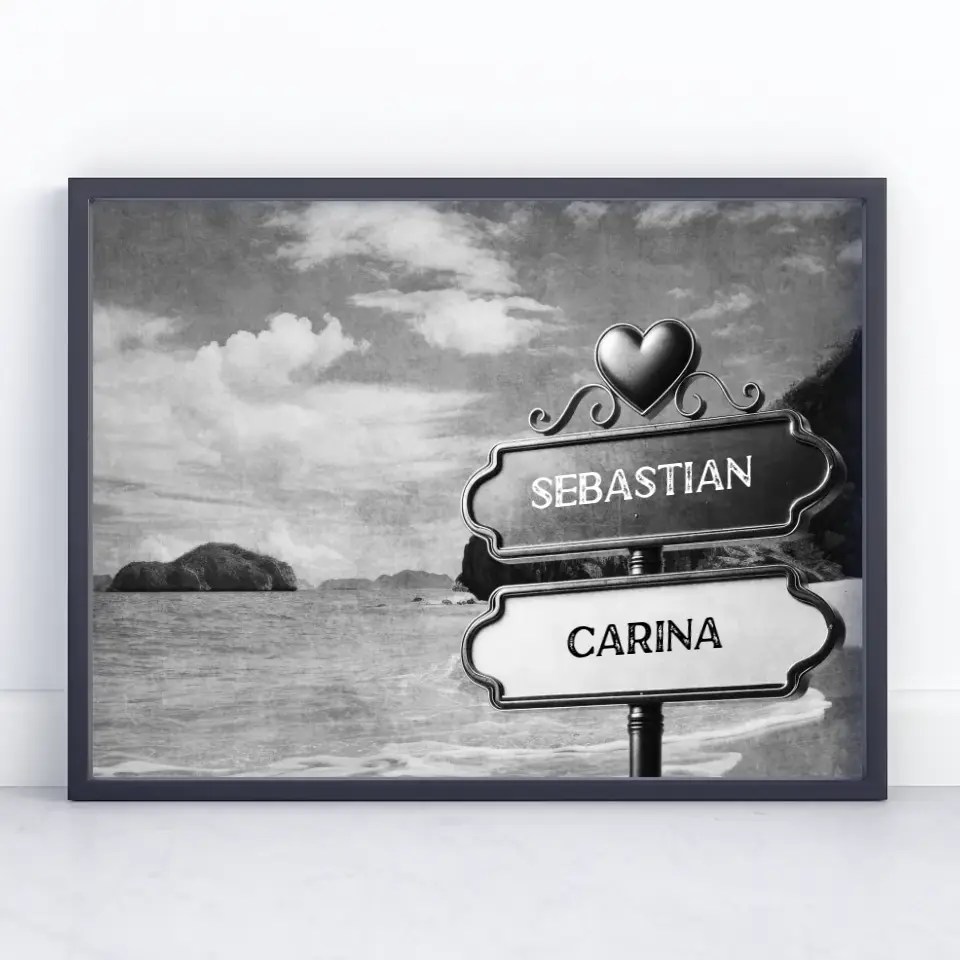 Personalisiertes Poster Paare Wegweiser Schwarz Weiß schöner Strand mit Namen