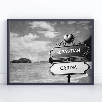 Personalisiertes Poster Paare Wegweiser Schwarz Weiß schöner Strand mit Namen