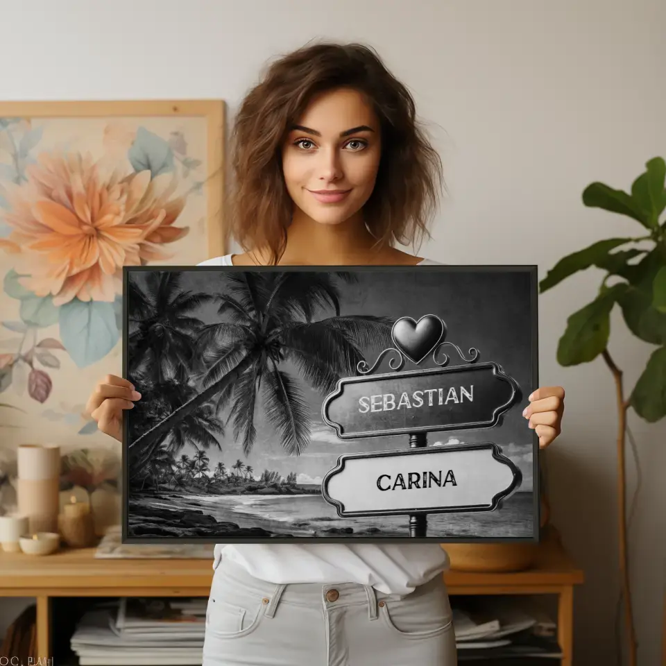 Liebes Poster Wegweiser Schwarz Weiß Palmenstrand mit Namen