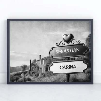 Poster personalisiert Wegweiser Schwarz Weiß Provence mit Namen